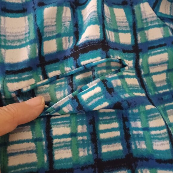 NYDJ L Blue Green Painterly Plaid Chiffon Tunic Top 3/4 Sleeve Pullover - Picture 5 of 8